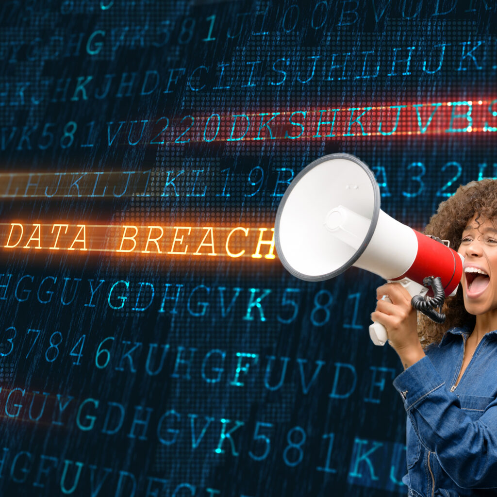 data breach image with woman yelling into megaphone