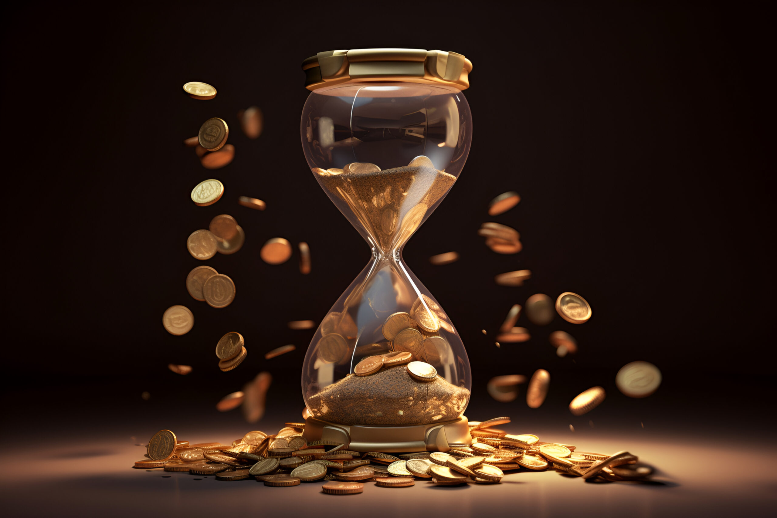 Hourglass surrounded by floating gold coins