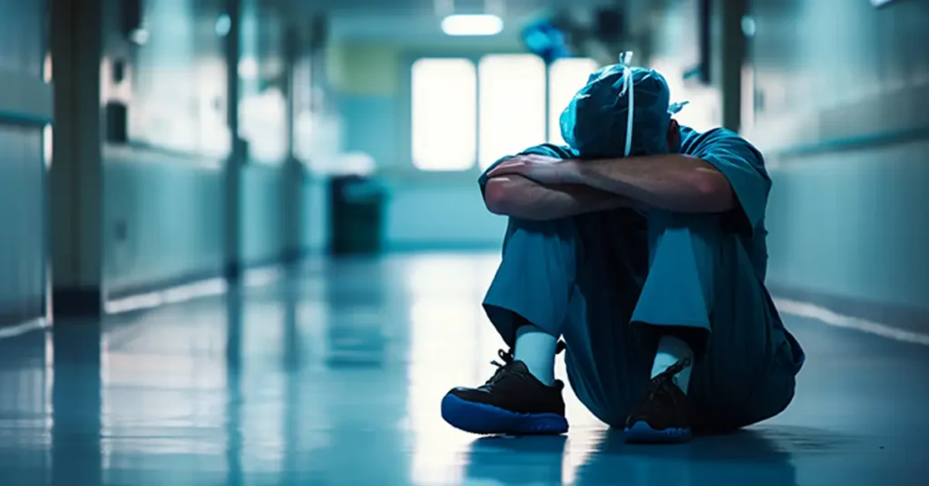 image of surgeon upset on floor of hospital hallway