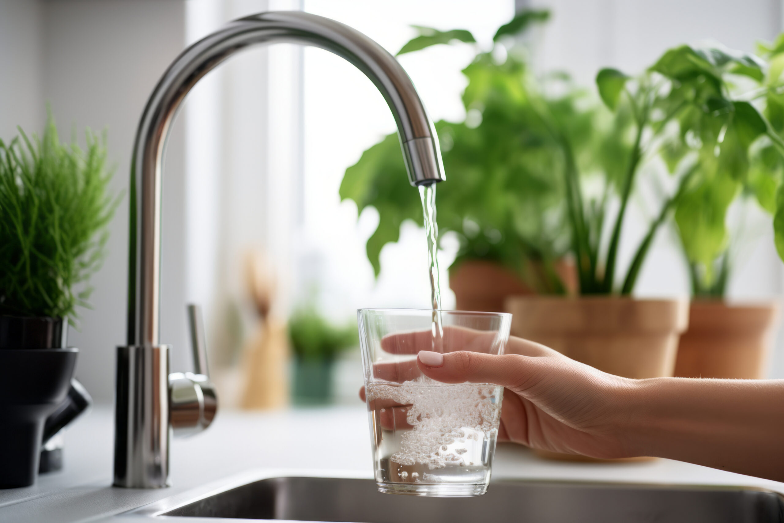 Filling up a glass with clean drinking water from kitchen faucet