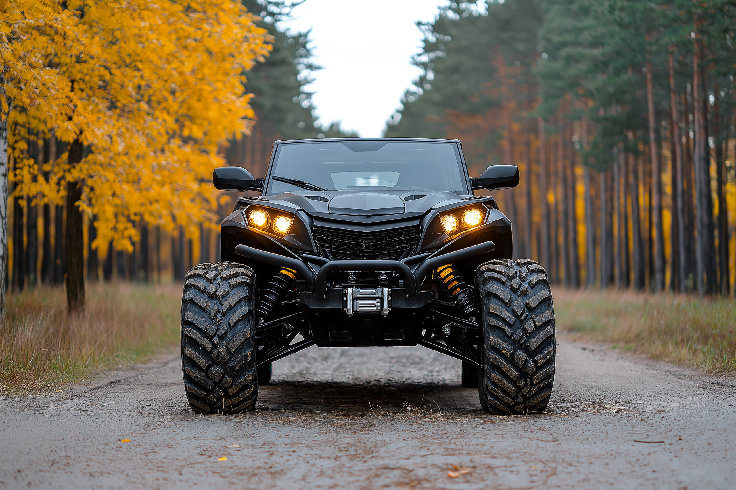 All terrain vehicle driving down a road in an autumn forest setting.