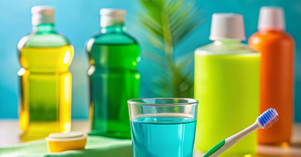 Colorful bottles of ACT mouthwash and a toothbrush.