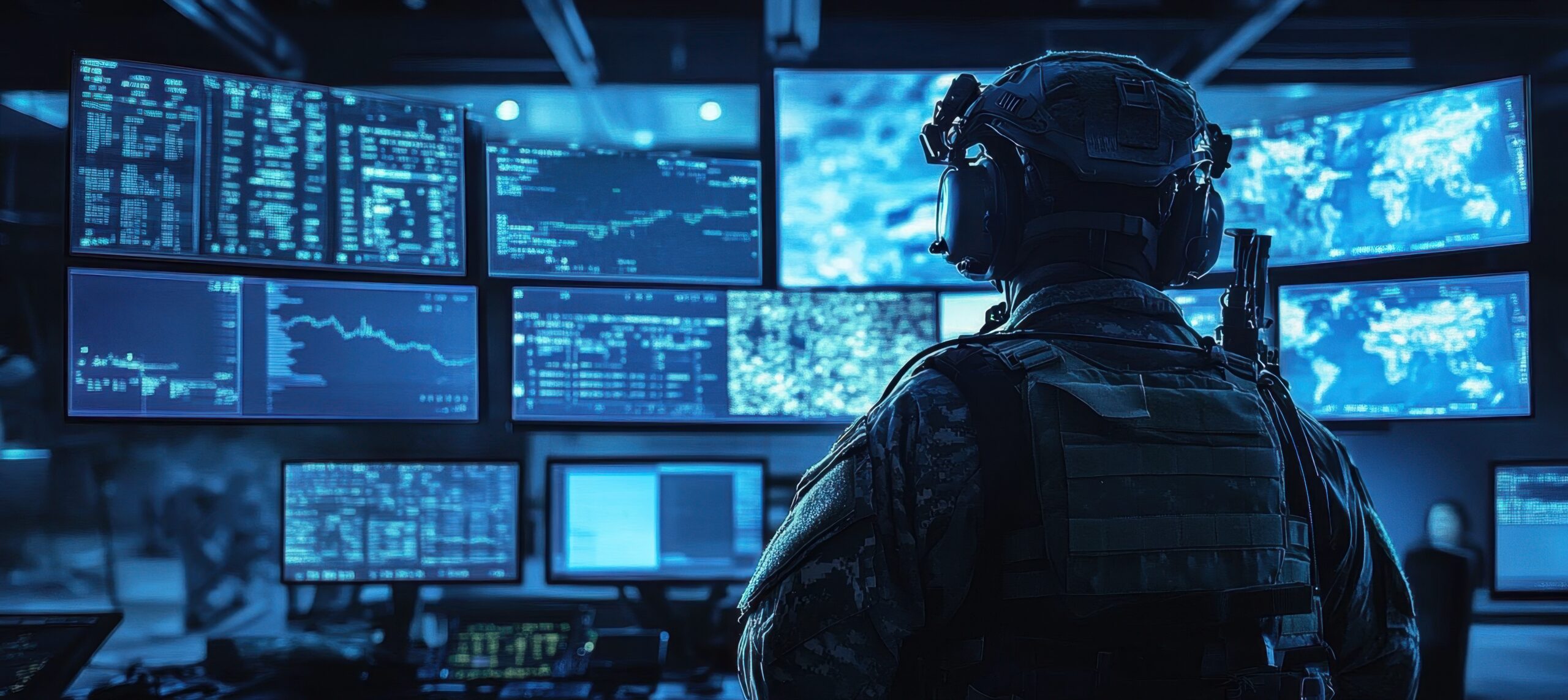 Soldier monitoring global data on computer screens.