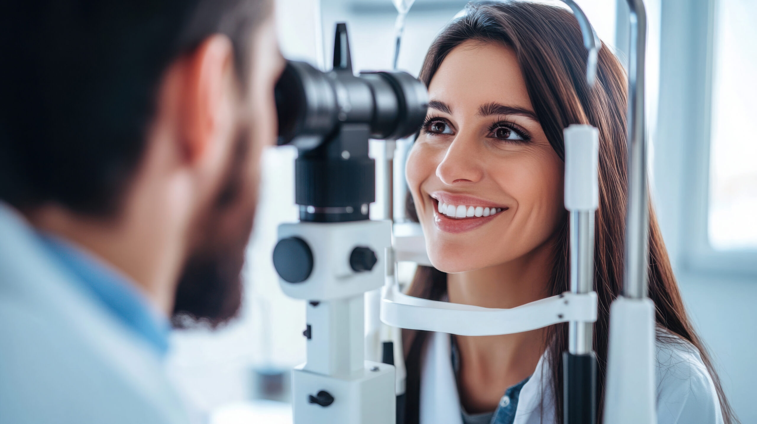 Optometrist examining a woman's eyes