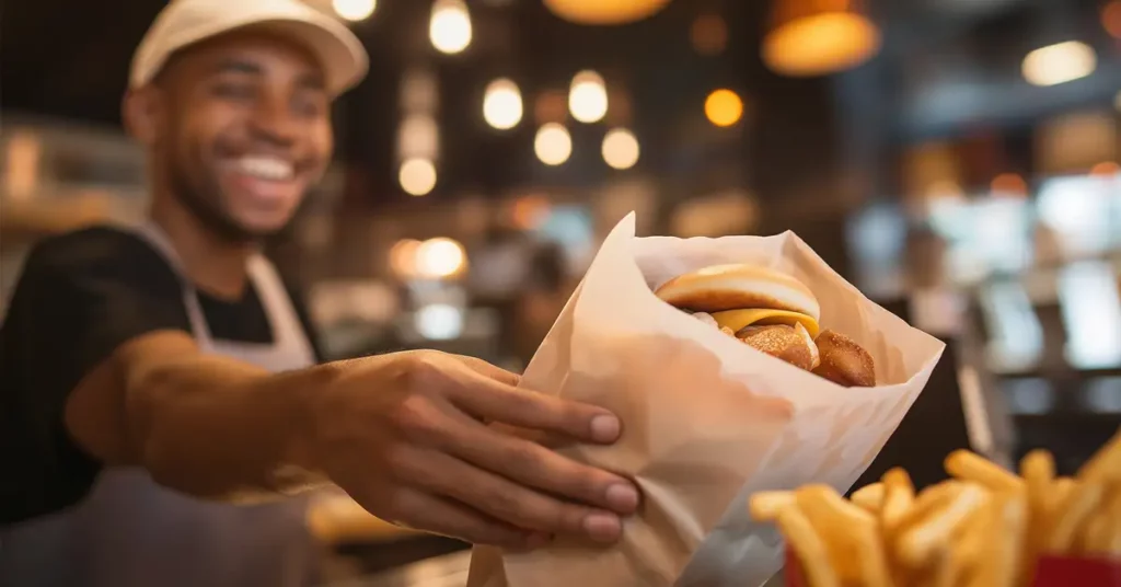 image of a fast food worker handing over and order of food with french fries in the foreground