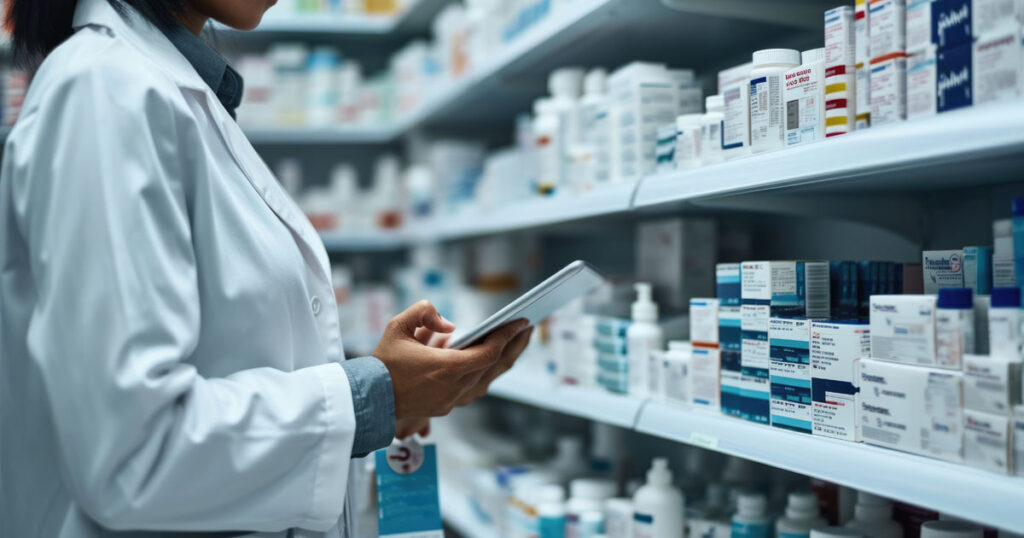 image of a pharmacy tech looking at shelves of medication