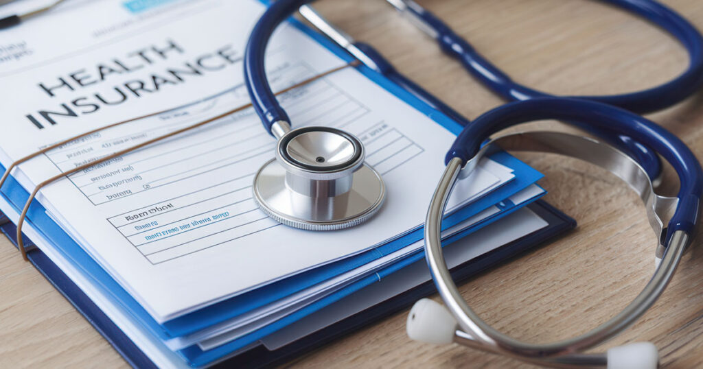 image of stethoscope on stack of bundled papers with health insurance on it