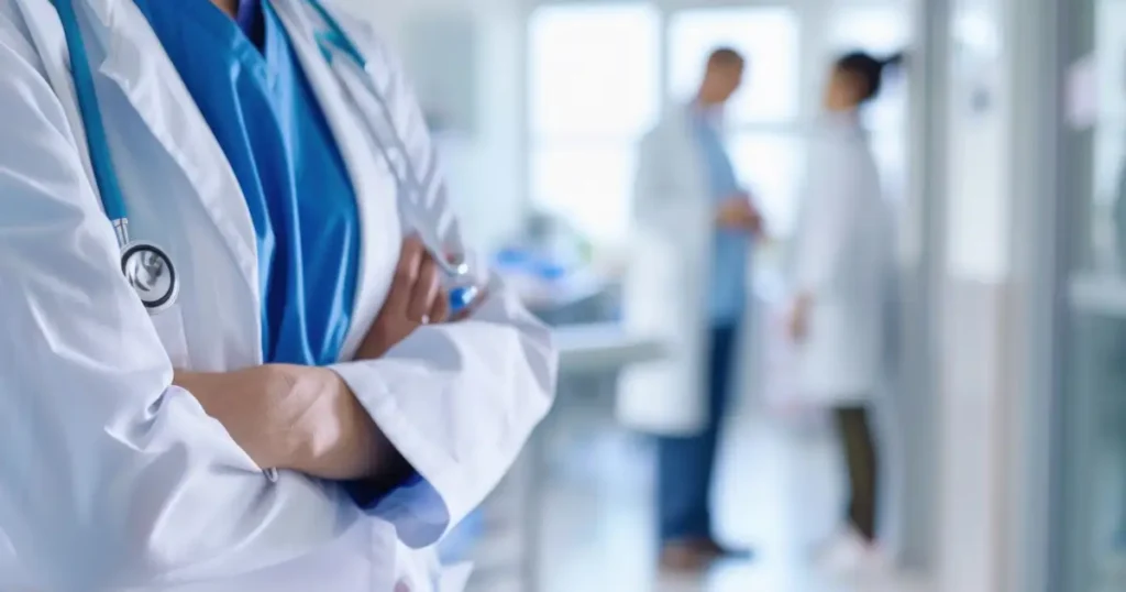 image of physician in lab coat in foreground with other physicians in background in hospital room setting