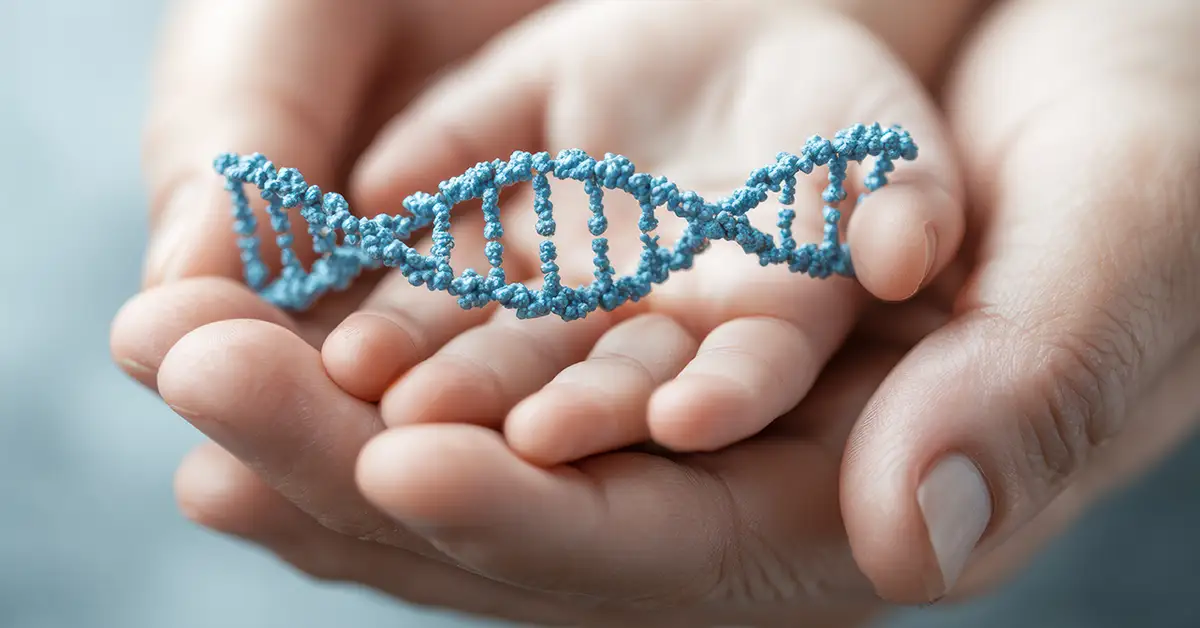 image of dna strand in the hand of a child's hand that is being held by an adult hand