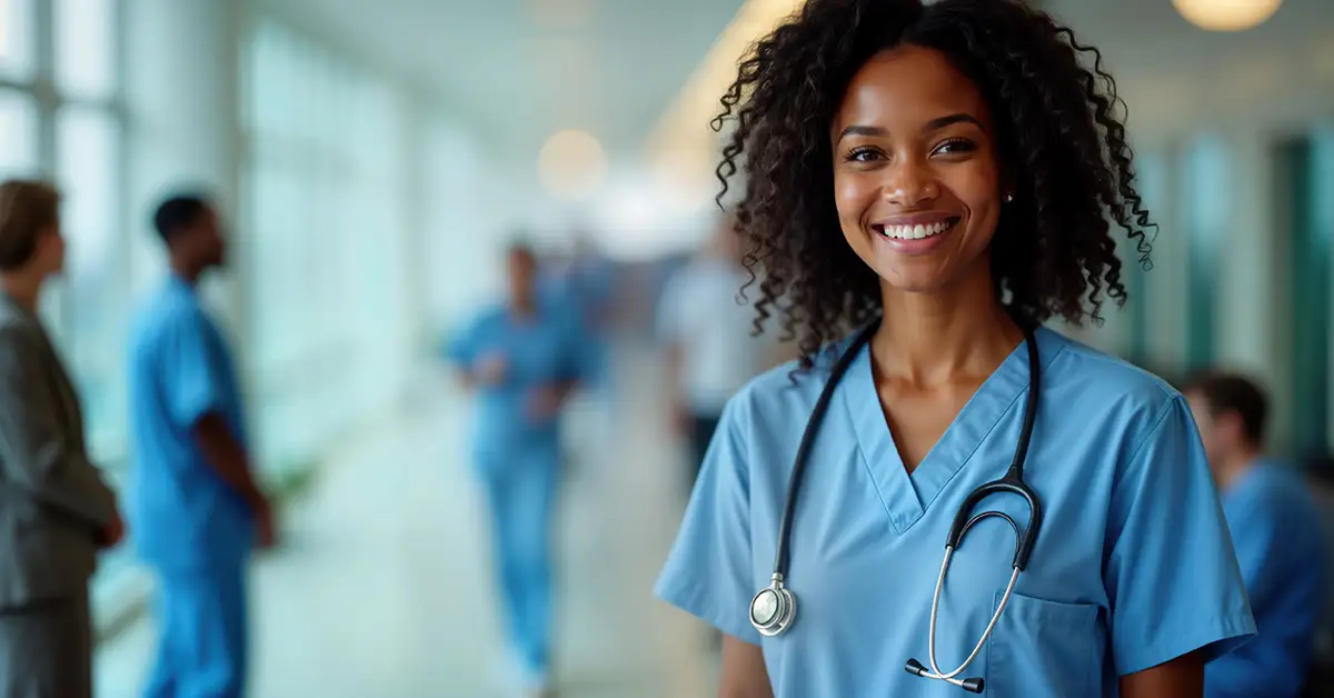 image of a nurse in hospital hallway
