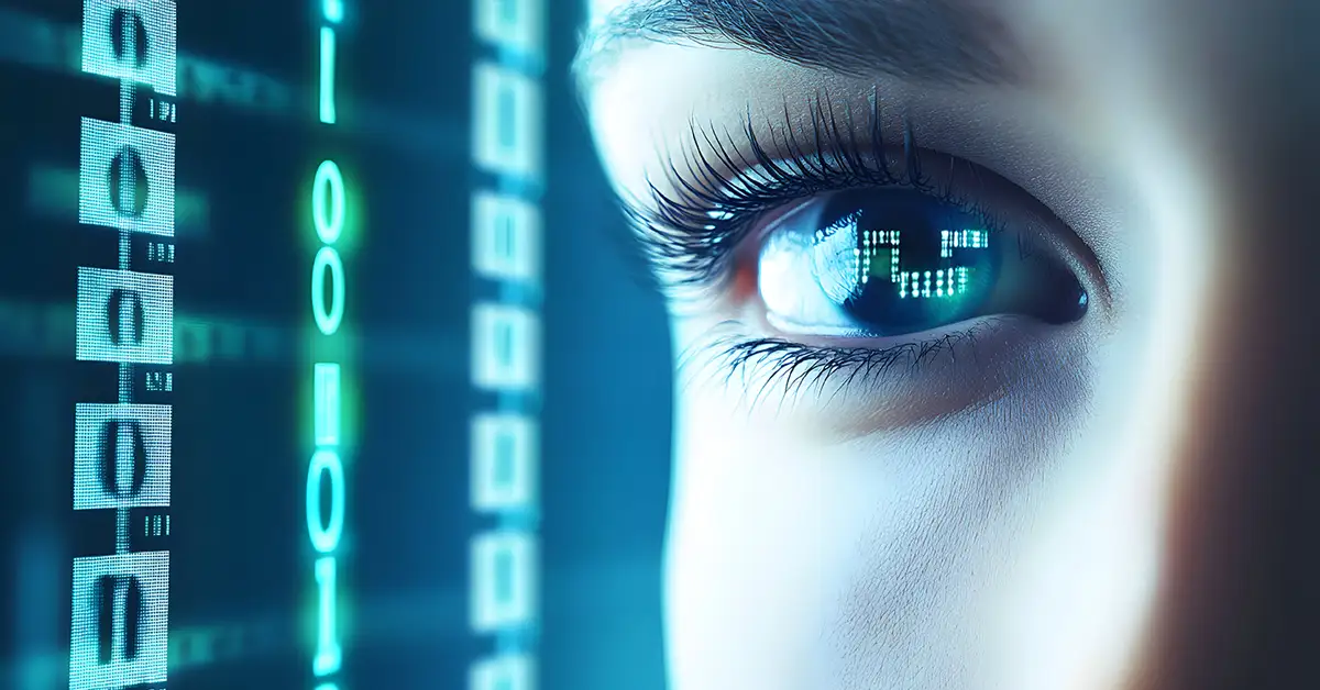 close up image of womans eye with genetic information reflected in it from the background