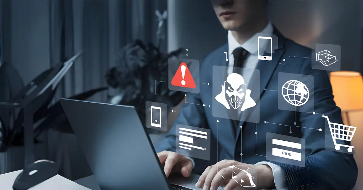 image of man in suit and tie in front of a laptop with a warning lock