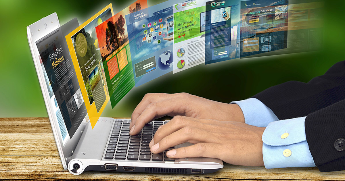 website-visits image of hands on a laptop keyboard with websites coming out of the screen