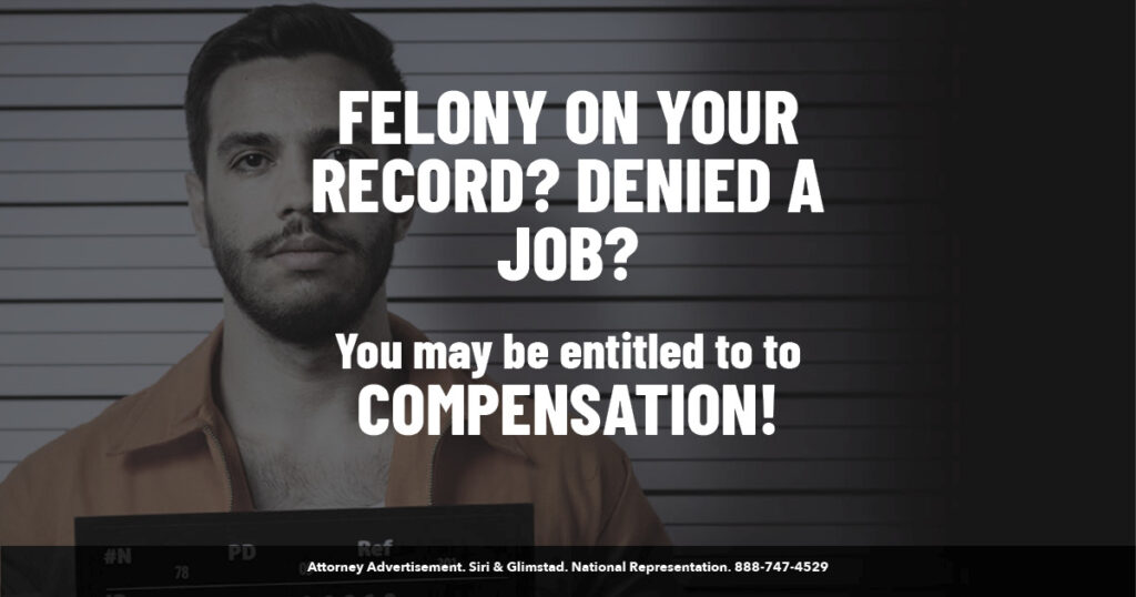 image of a male criminal in orange jumpsuit getting mugshot taken with felony on your record? Denied a job? text overlayed.